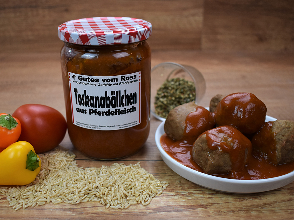 Rossfleischversand - Mettbällchen Toskana aus Pferdefleisch fertig zubereitet 500g Glas Produktbild Mettbällchen Toskana aus Pferdefleisch